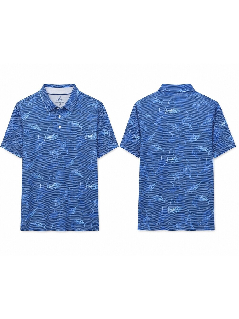 IZOD Saltwater Polo Shirt Mens L Blue Marlin Fish Print Pocket